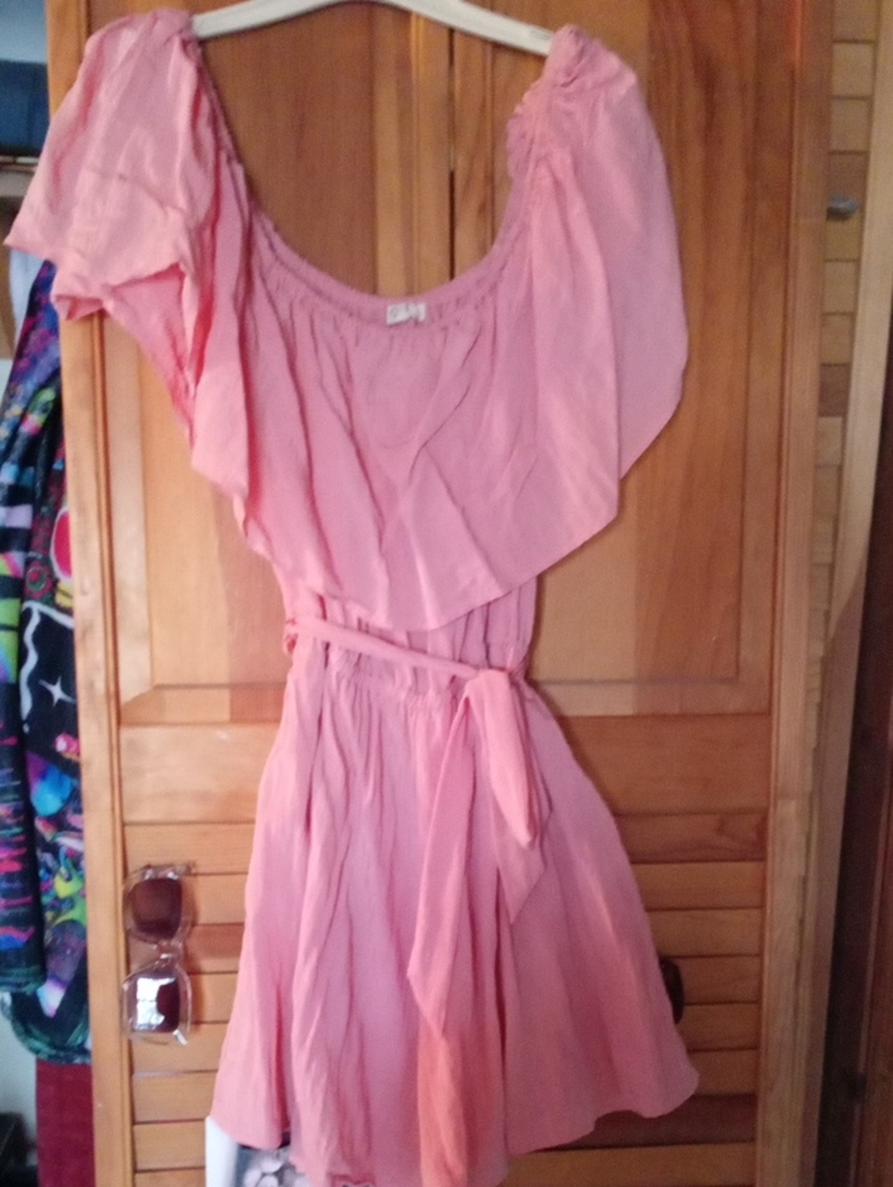 Pink Off-Shoulder Ruffle Belted Romper